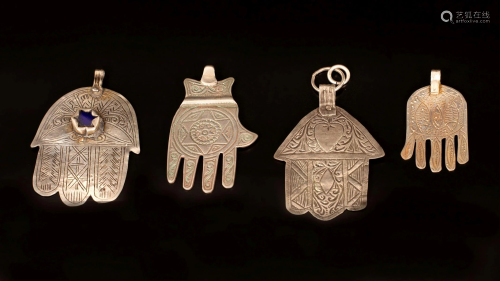 A lot of four silver Hamsa amulets - Morocco, North