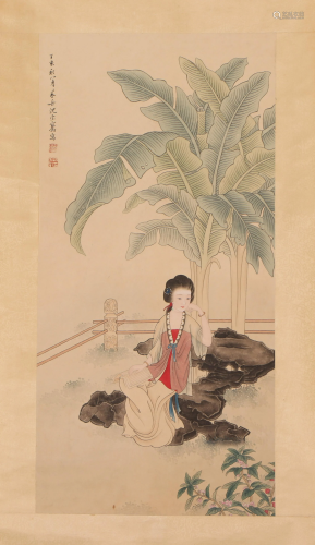 A CHINESE PAINTING OF LADY AND BANANA TREE