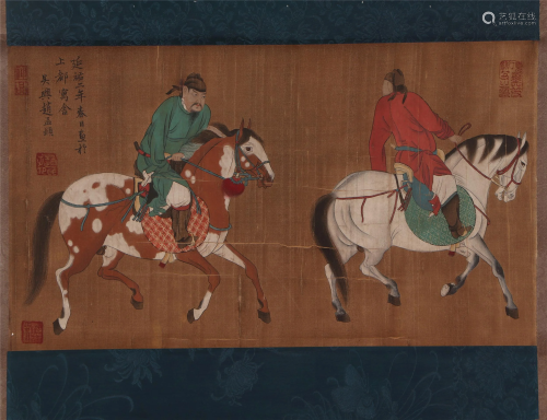 A CHINESE PAINTING OF HORSES AND FIGURES