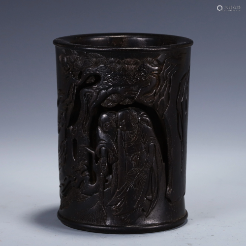 A CHINESE ZITAN WOOD LANDSCAPE-AND-FIGURES BRUSH POT