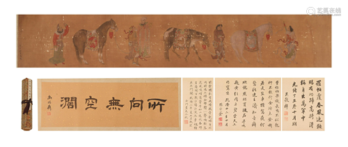 A CHINESE SCROLL PAINTING DEPICTING HORSES AND FIGURES