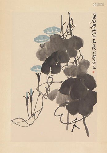 A CHINESE PAINTING OF BLUE MORNING GLORIES