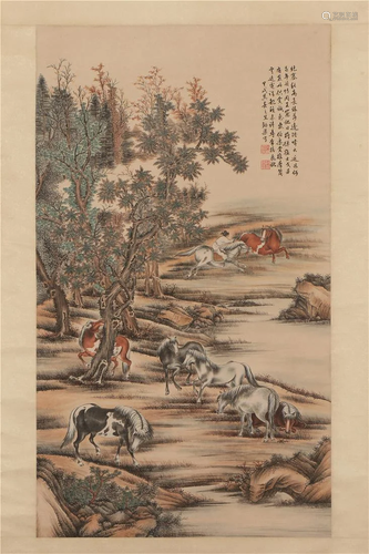 A CHINESE PAINTING DEPICTING HERDING HORSES