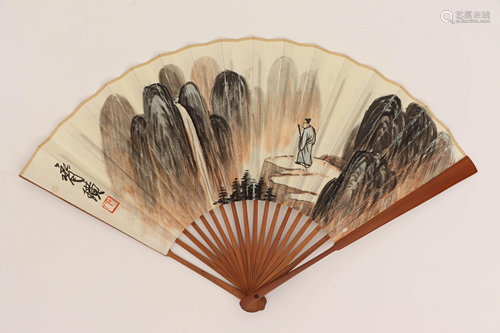 A CHINESE FOLDING FAN WITH LANDSCAPE AND FIGURE