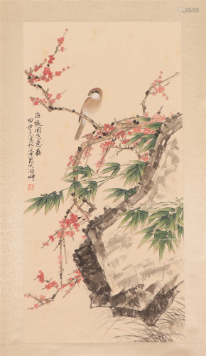 A CHINESE PAINTING OF POLYCHROME FLOWERS AND BIRD