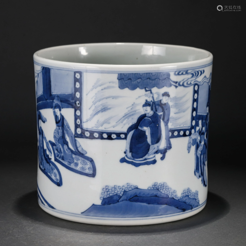 A CHINESE BLUE AND WHITE FIGURES STORY PORCELAIN BRUSH