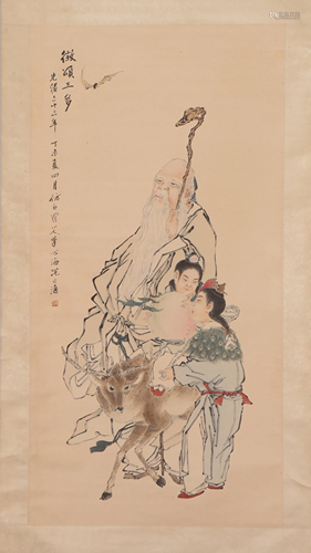 A CHINESE PAINTING DEPICTING FIGURES STORY