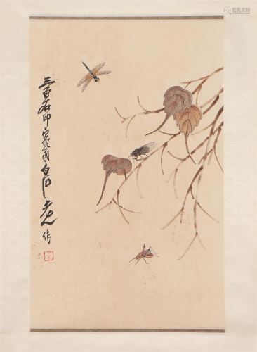A CHINESE PAINTING OF TREE BRANCHES AND INSECTS