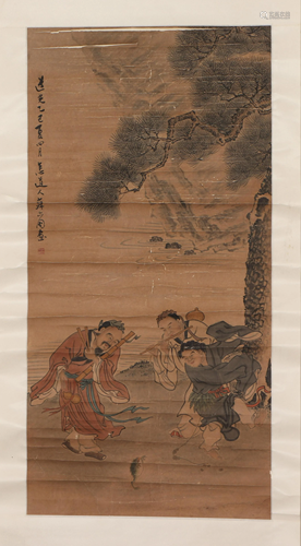 A CHINESE PAINTING DEPICTING FIGURES STORY