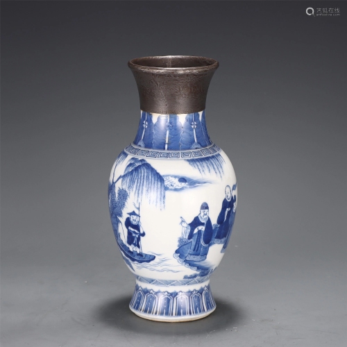 A CHINESE BLUE AND WHITE FIGURAL VASE WITH A TIN MOUTH