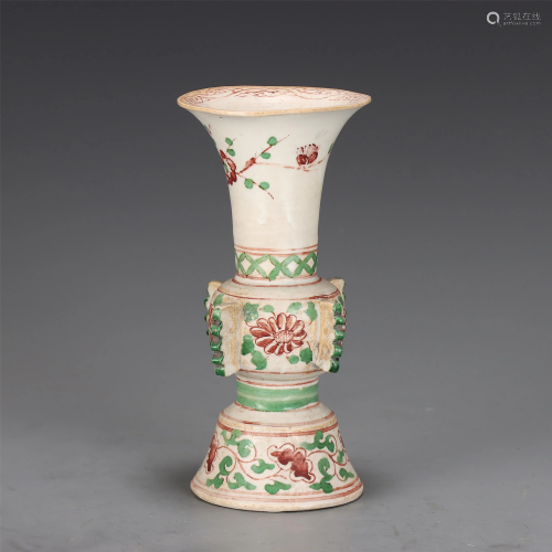 A CHINESE RED AND GREEN GLAZED PORCELAIN GU VASE