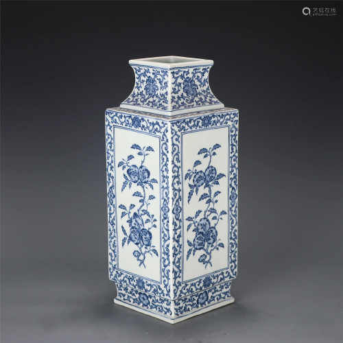 A CHINESE BLUE AND WHITE FLOWERS AND FRUITS SQUARE VASE