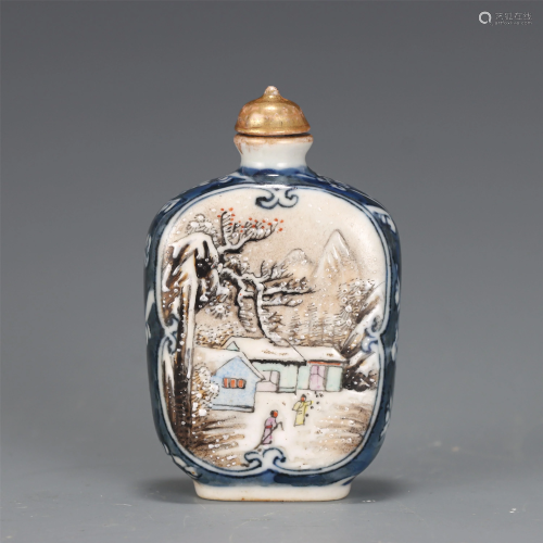 A CHINESE BLUE AND WHITE FAMILLE ROSE SNUFF BOTTLE