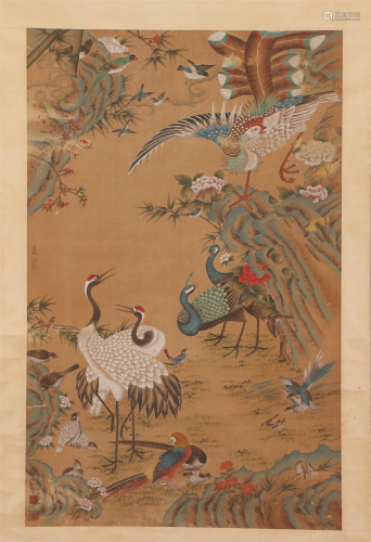 A CHINESE PAINTING OF FLOWERS AND BIRDS