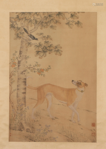A CHINESE PAINTING OF DOG AND BIRD