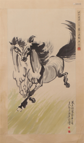 A CHINESE PAINTING DEPICTING GALLOPING HORSES
