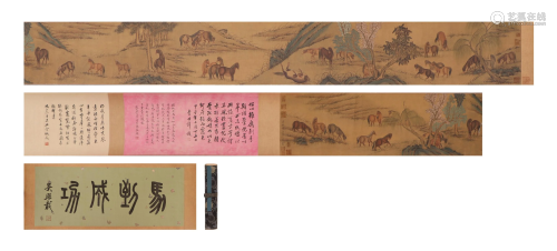 A CHINESE SCROLL PAINTING OF LANDSCAPE AND FIGURES