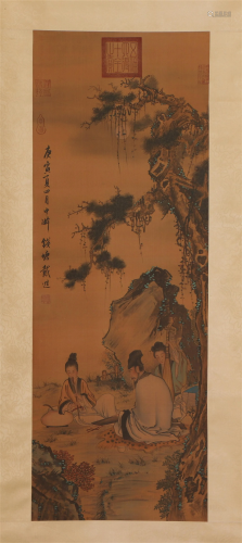 A CHINESE PAINTING DEPICTING PLAYING MUSICAL
