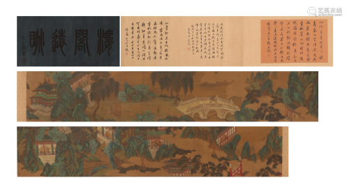 A CHINESE SCROLL PAINTING OF LANDSCAPE CALLIGRAPHY
