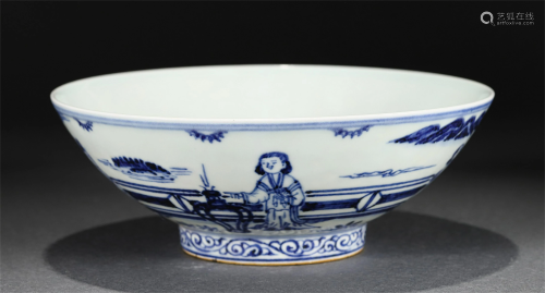 A CHINESE BLUE AND WHITE FIGURAL PORCELAIN BOWL