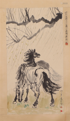 A CHINESE PAINTING OF HORSES AND WILLOW TREE