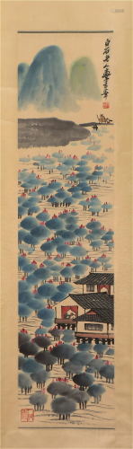 A CHINESE PAINTING OF LOTUS POND AND FIGURES