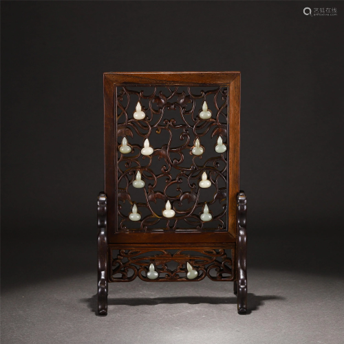 A CHINESE JADE INLAID HUANGHUALI WOOD TABLE SCREEN