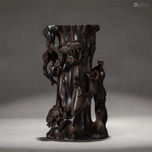 A CHINESE CARVED PINE TREE ZITAN WOOD FLOWER CONTAINER