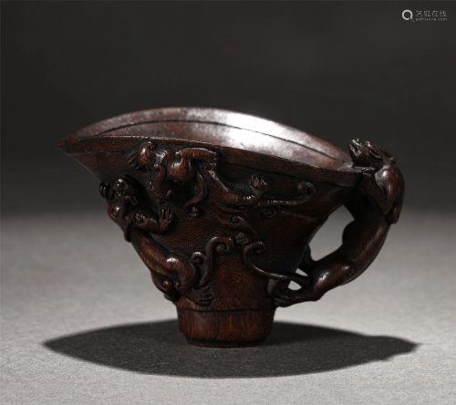 A CHINESE CHENXIANG WOOD DRAGON CUP