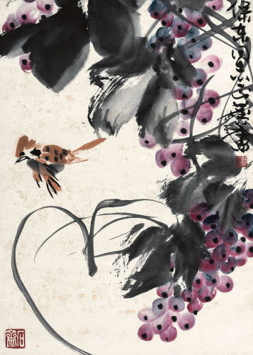 许麟庐（1916～2011） 葡萄小鸟 立轴 设色纸本