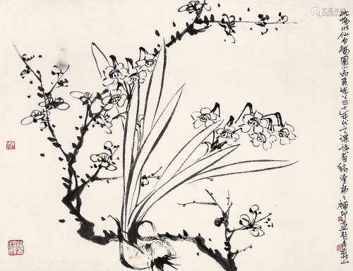 李苦禅（1899～1983） 水仙白梅 镜心 水墨纸本