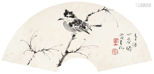 霍春阳（b.1946） 鸟语山容开 扇面 水墨纸本