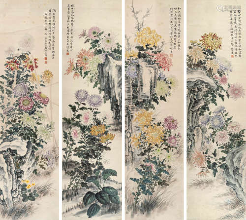 顾伯达（1903～1968） 秋菊四屏 立轴 设色纸本