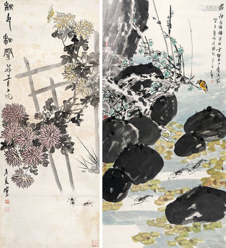 张继馨（b.1926） 夏塘一角、夏园秋色 立轴 设色纸本