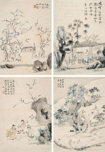 华嵒（1682～1756） 山水人物四屏 镜心 设色纸本