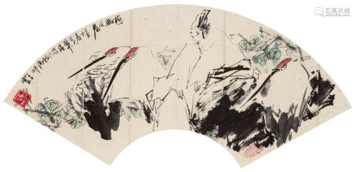 王西京（b.1946） 梅鹤同春 扇面 设色纸本