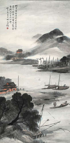 汪琨（1877～1946） 春帆江雨图 立轴 设色纸本