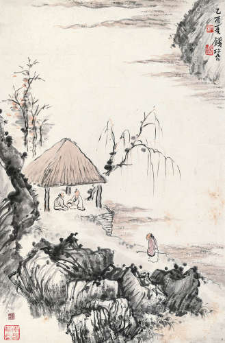 钱松嵒（1899～1985） 策杖访友 立轴 设色纸本