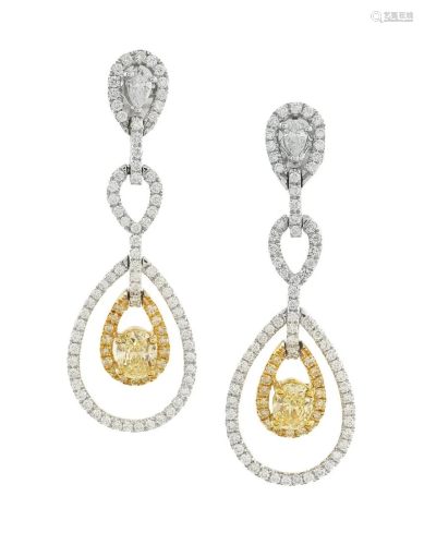 Pair of Yellow and White Diamond Earrings
