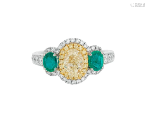 Yellow Diamond Ring with Emerald Accents