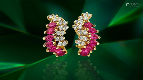 Natural 1.70 Carat Ruby Diamond Earrings in 14k Gold