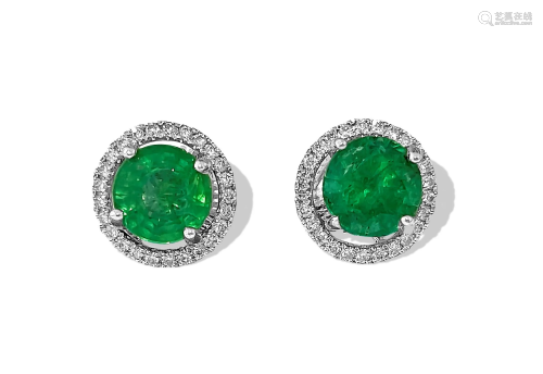 14k Gold 2.50 Carat Emerald Diamond Stud Earrings