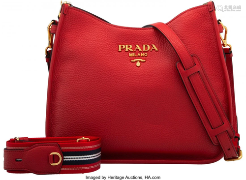 Prada Red Vitello Daino Leather Shoulder Bag Con