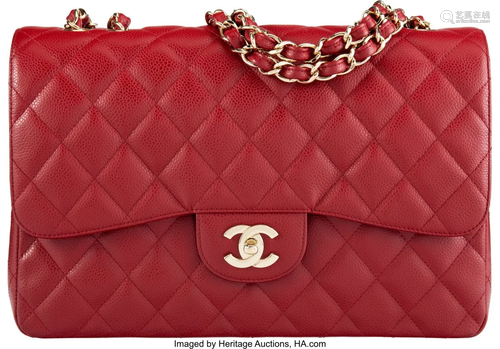 Chanel Red Quilted Caviar Leather Jumbo Flap Bag