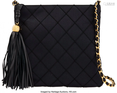 Chanel Vintage Black Quilted Satin Tassel Should