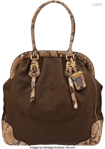 Prada Brown Canvas & Snakeskin Frame Bag Conditi