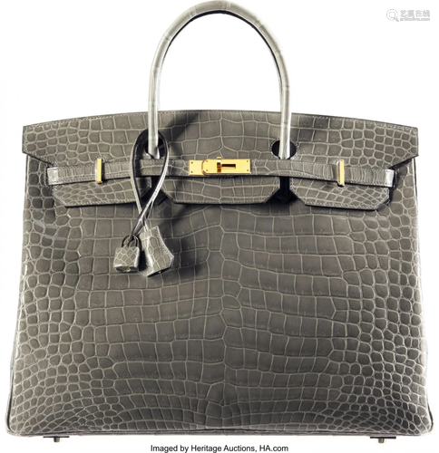 Hermès 40cm Shiny Gris Tourterelle Porosus Croc