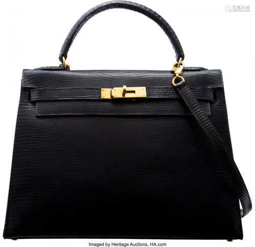 Hermès Vintage 32cm Blue Tinted Black Lizard Se