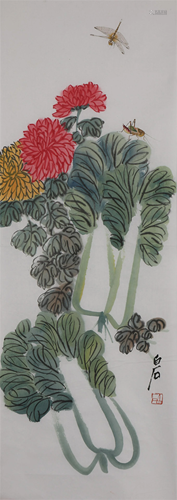 A CHINESE PAINTING OF CABBAGE, CHRYSANTHEMUM AND …