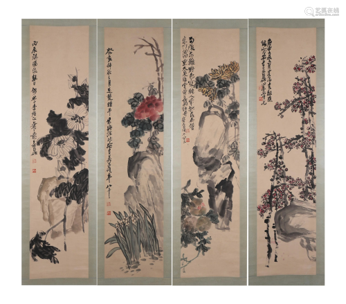 FOUR CHINESE SCROLL PAINTINGS OF FLOWERS
